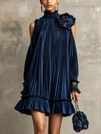 Elegant Olive Green Pleated Mini Dress with High Neck, Ruffle Hem & Rose Detail