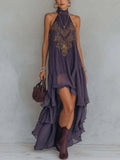 Boho Embroidered High-Low Halter Maxi Dress