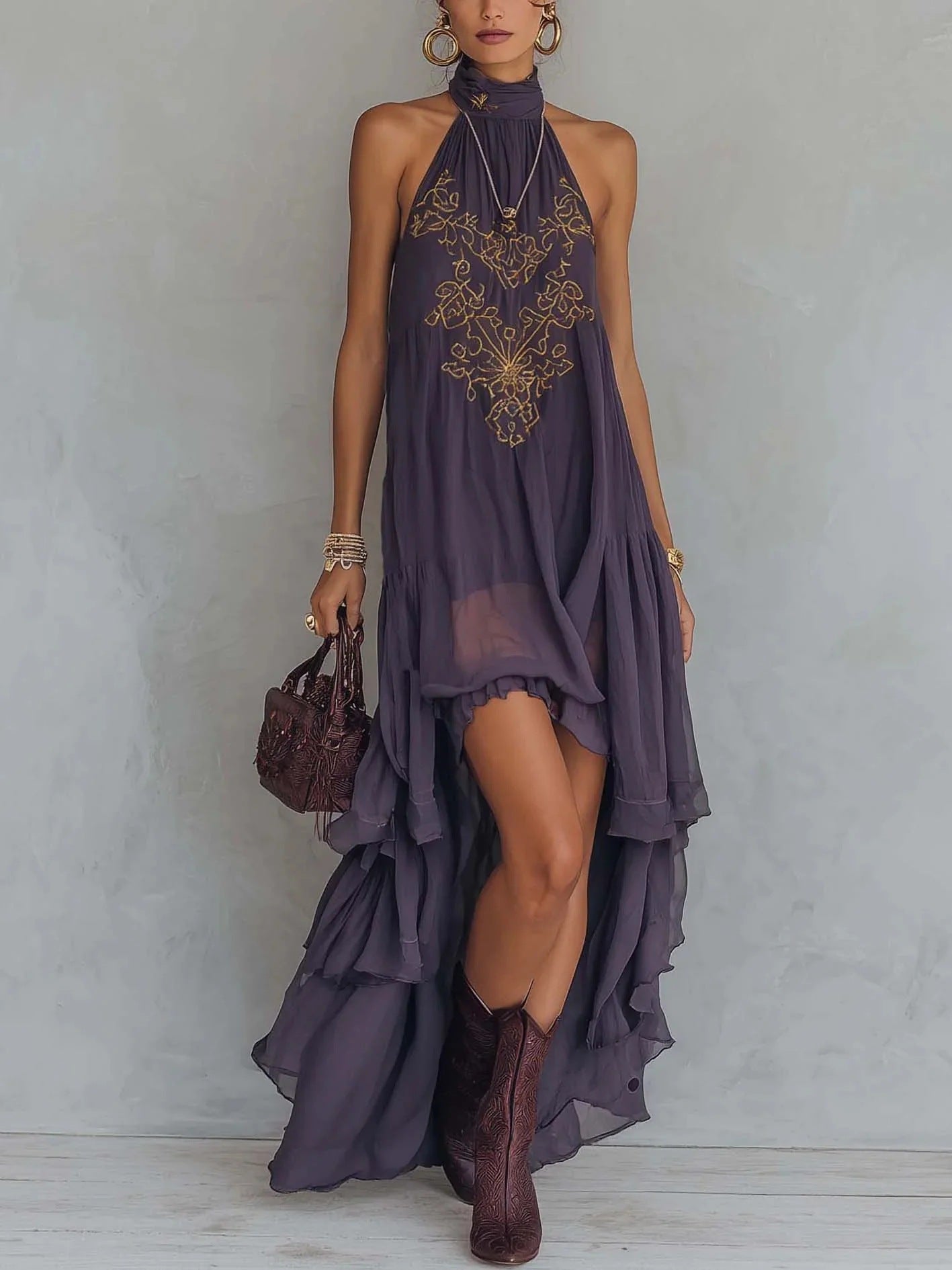 Boho Embroidered High-Low Halter Maxi Dress