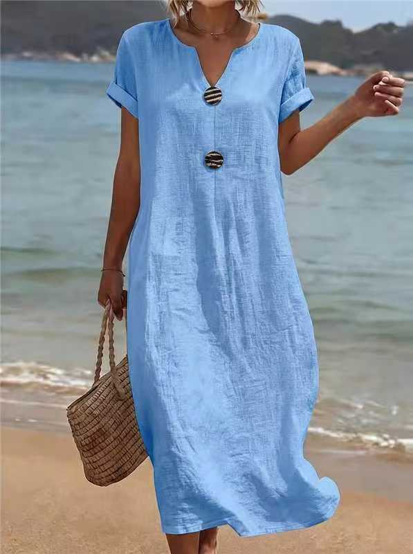 Women's Linen‑Blend Notched Neck Button Detail Maxi Dress