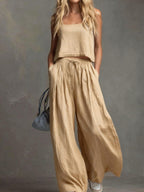Solid Color Casual Cotton And Linen Suspender Tops Wide-Leg Pants Suit