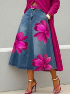 Casual Artistic Floral-print A-line Denim Skirt