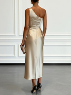 Satin One-shoulder Sleeveless Ruffled Midi Dress