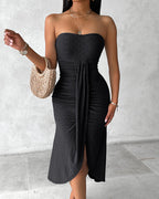 Sleeveless Ruched Cinched Waist Draped Bandeau Dress Eyelet Embroidery Slit Asymmetrical Hem Vacation Dress