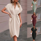 Women's Casual Dress Midi Dress Ruched Date Vacation Streetwear Basic V Neck Short Sleeve Black Pink Dark Green Color