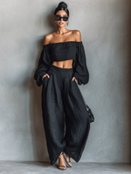Women's Minimalist Linen Blend Strapless Long-sleeved Blouse And Wide-leg Pants Set