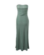 Sleeveless Ruched Cinched Waist Draped Bandeau Dress Eyelet Embroidery Slit Asymmetrical Hem Vacation Dress