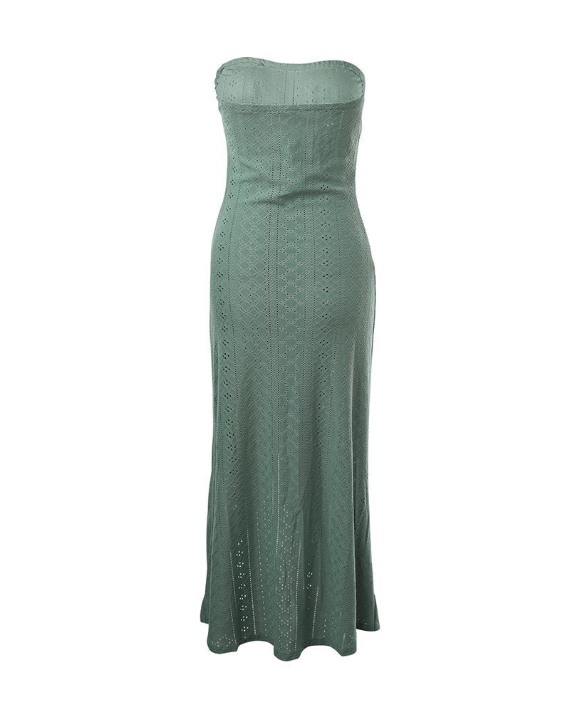 Sleeveless Ruched Cinched Waist Draped Bandeau Dress Eyelet Embroidery Slit Asymmetrical Hem Vacation Dress