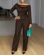 2 Pieces Outfit Cowl Neck Lace Spliced Long Sleeve Top and Elastic Waist Wide Leg Pants Set Casual Glitter Set