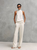 Women's Elegant Cotton And Linen Round-neck Sleeveless Top And Trousers Set