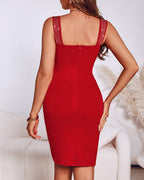 V Neck Sleeveless Bodycon Dress Rhinestone Clubwear Birthday Party Midi Dress