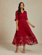 Sheer Sleeve V-Neck Floral Dress