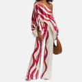 Abstract Stripe Satin One‑Shoulder Batwing Sleeve Top & Wide‑Leg Pant Two‑Piece Outfit Set