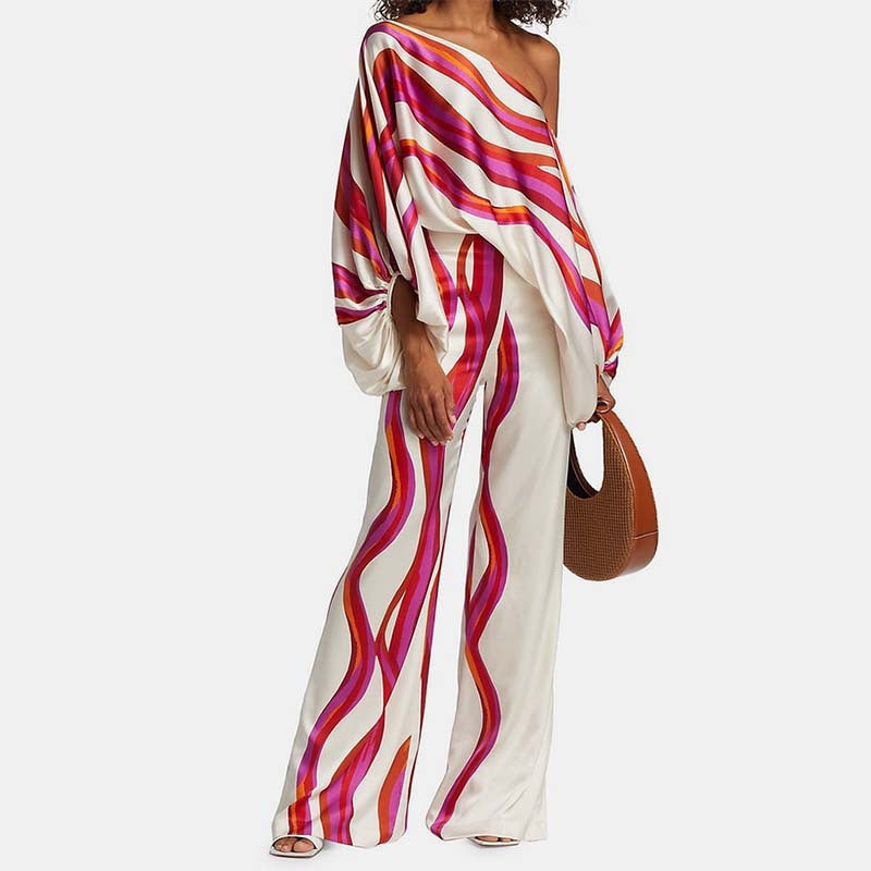 Abstract Stripe Satin One‑Shoulder Batwing Sleeve Top & Wide‑Leg Pant Two‑Piece Outfit Set