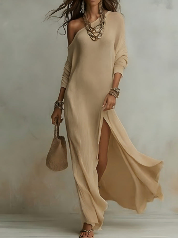 Elegant Long-Sleeved Knitted Pleated Slit Women'S Dress