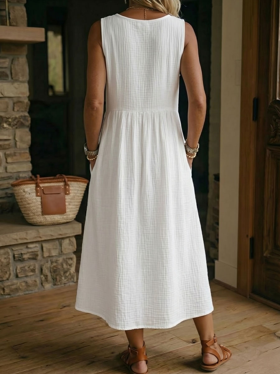 Women's V-neck Sleeveless Cotton-linen Dress