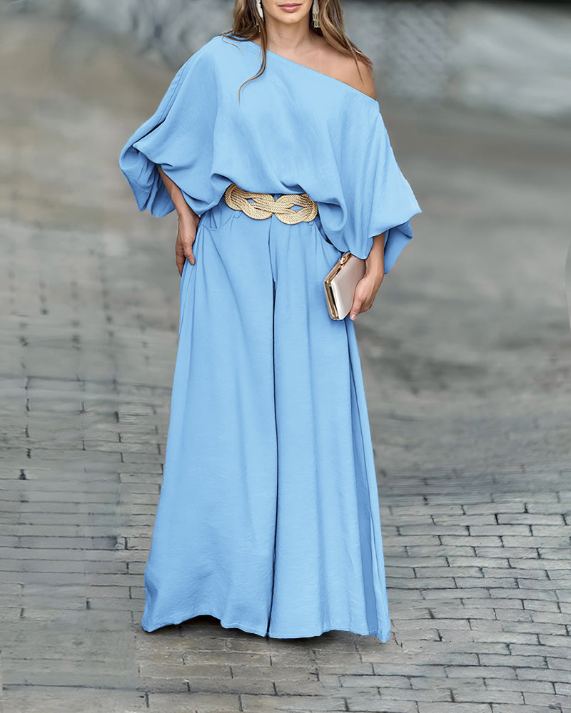 Skew Neck Lantern Sleeve Loose Top & Zipper Fly Wide Leg Pants Set Without Belt