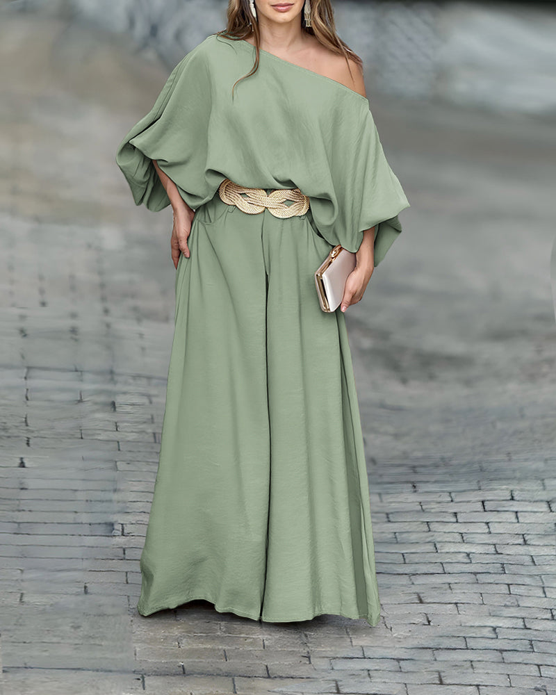 Skew Neck Lantern Sleeve Loose Top & Zipper Fly Wide Leg Pants Set Without Belt