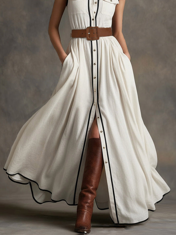 Belted Contrast Piping Maxi Shirt Dress