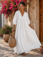 Women's Breezy Cotton-linen Maxi Dress With Lettuce-edge V-neck—perfect For Vacation