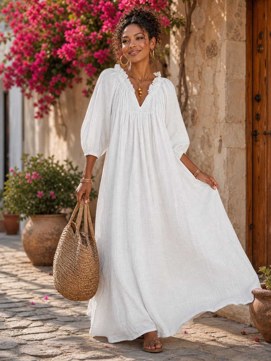 Women's Breezy Cotton-linen Maxi Dress With Lettuce-edge V-neck—perfect For Vacation