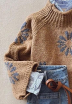 Floweary Retro Brown Mock Neck Long Sleeve Sweater
