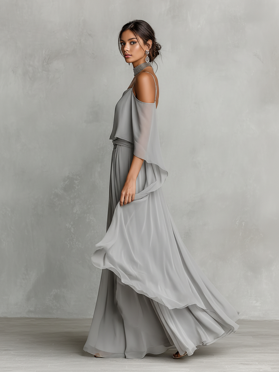 Women's Grey Breathable Chiffon Maxi Dress With Cold-Shoulder Detail & Flared Silhouette