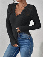 V-Neck Lace Panel Long-Sleeved Top