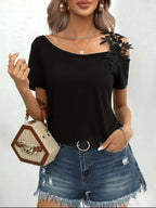 solid color stitching fashion lace T-shirt women's tops