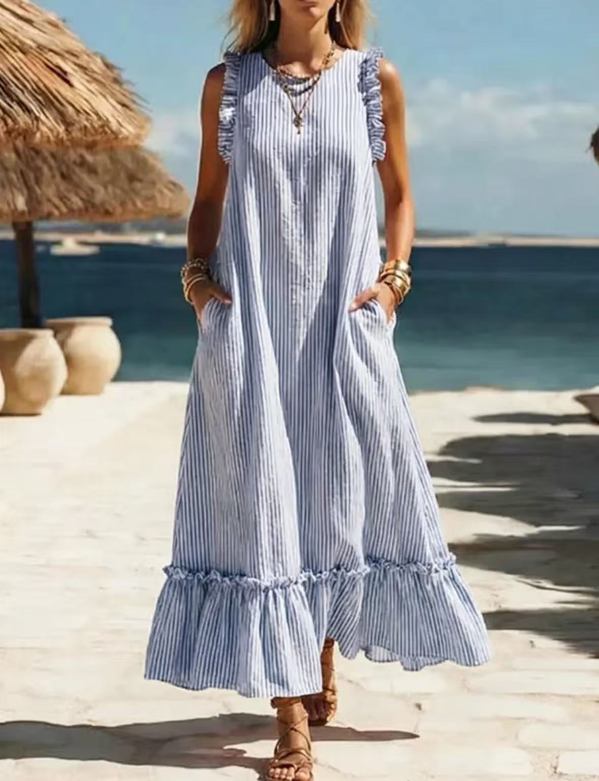 🌊 Coastal Striped Ruffle Maxi Dress