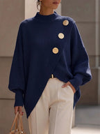 Mock Neck Oversized Batwing Sleeve Asymmetric Hem Knit Sweater With Decorative Gold Buttons