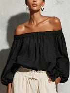 Women Off Shoulder Puff Bubble Sleeve Crinkled Casual Blouse