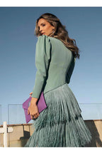 Women Deep V Puff Sleeve Wrap Fringe Midi Dress