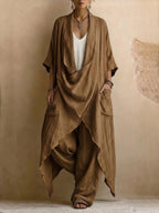 Casual Bohemian Style Suit Consists Of Two Pieces, A Long Linen Cotton Top And Trousers