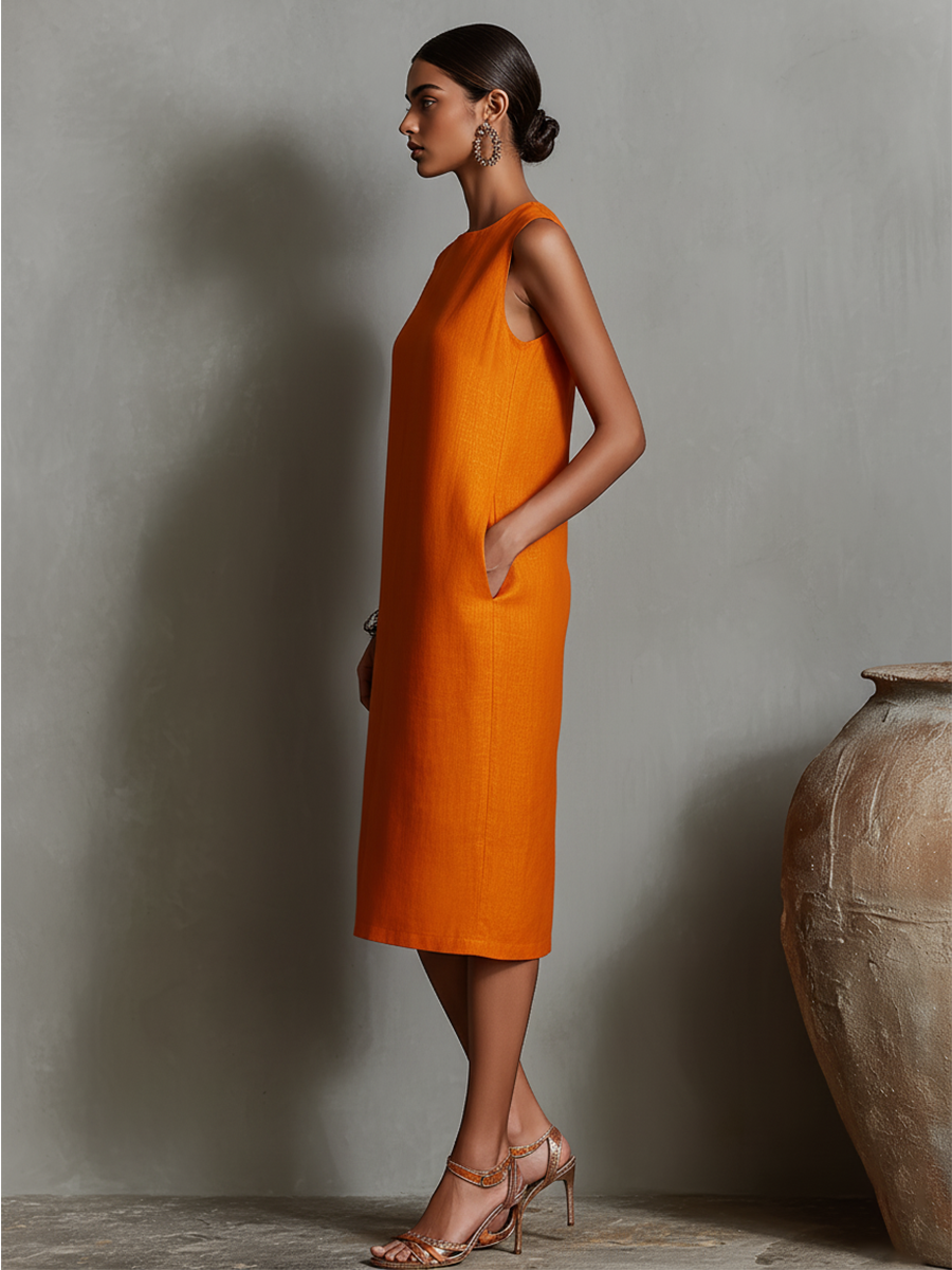 Women's Orange Linen Shift Dress With Sleeveless Round Neck & Side Pockets, Timeless Minimalist-Elegant Style Dress