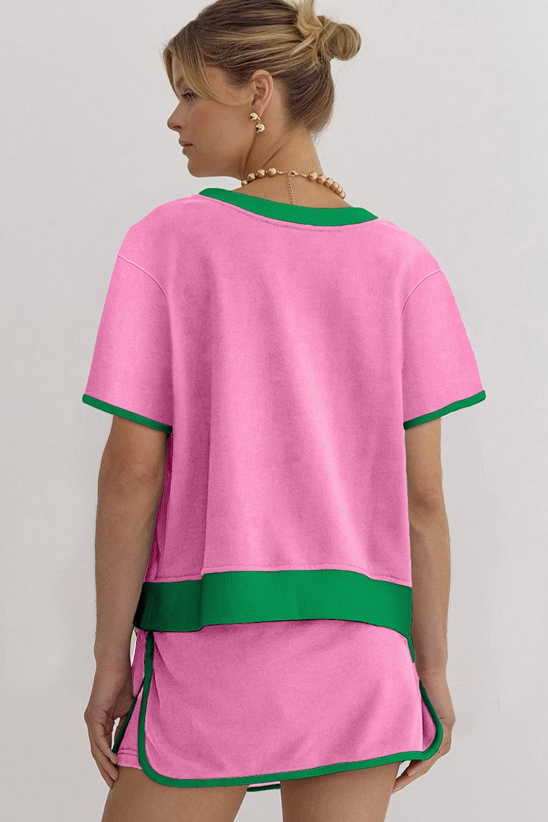 Women's Colorblock Edge Drop Shoulder T Shirt Skort 2 Pcs Set