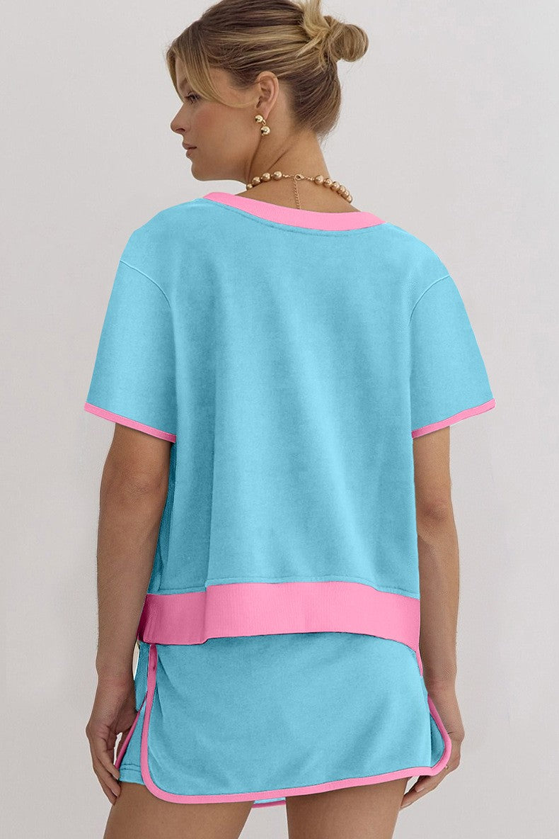 Women's Colorblock Edge Drop Shoulder T Shirt Skort 2 Pcs Set