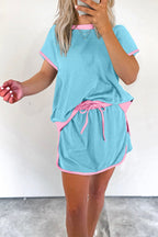 Women's Colorblock Edge Drop Shoulder T Shirt Skort 2 Pcs Set