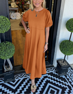 🔥Women's Solid Color Puff Sleeve Round Neck Long Dress（Buy 2 Free Shipping）