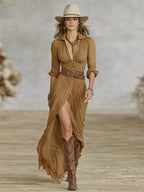 Long Belted Dress With Pleated Lapels