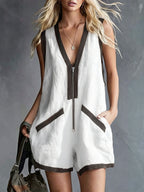 Women's V-neck Sleeveless Casual Loose Cotton-linen Wide-leg Romper