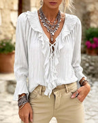 Ruffle Trim Tie-Up V-Neck Long Sleeve Blouse