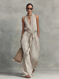 Casual Lace-Up Sleeveless Cotton Blend Jumpsuit