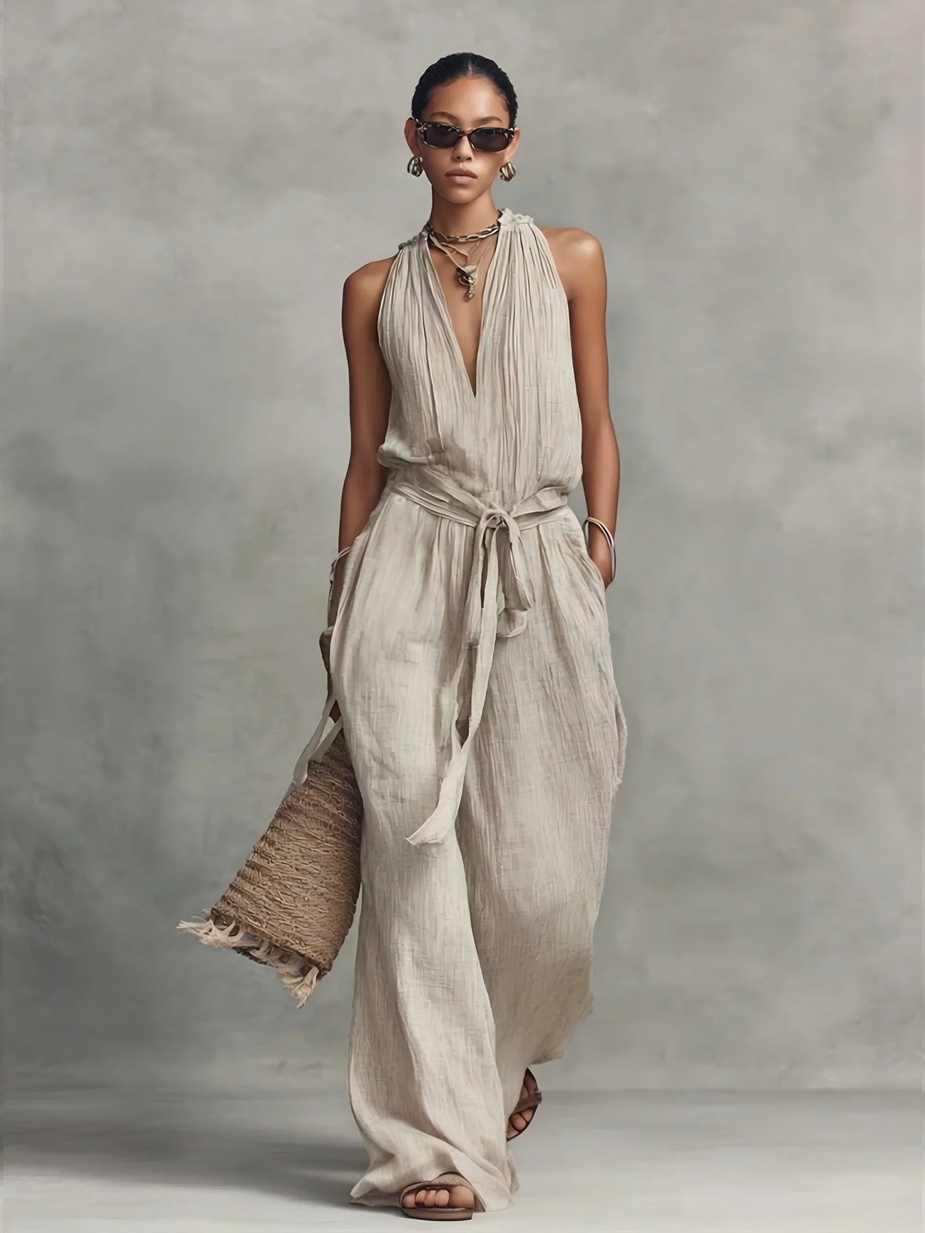Casual Lace-Up Sleeveless Cotton Blend Jumpsuit