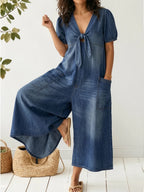 Light Wash Tie-Front Denim Wide-Leg Jumpsuit