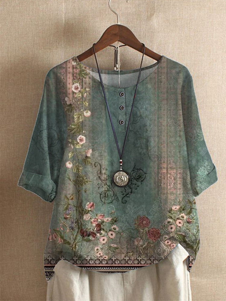 Floral Print Half‑Sleeve Crew Neck Blouse
