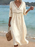 Women's Linen‑Blend Eyelet Trim V‑Neck Midi Dress