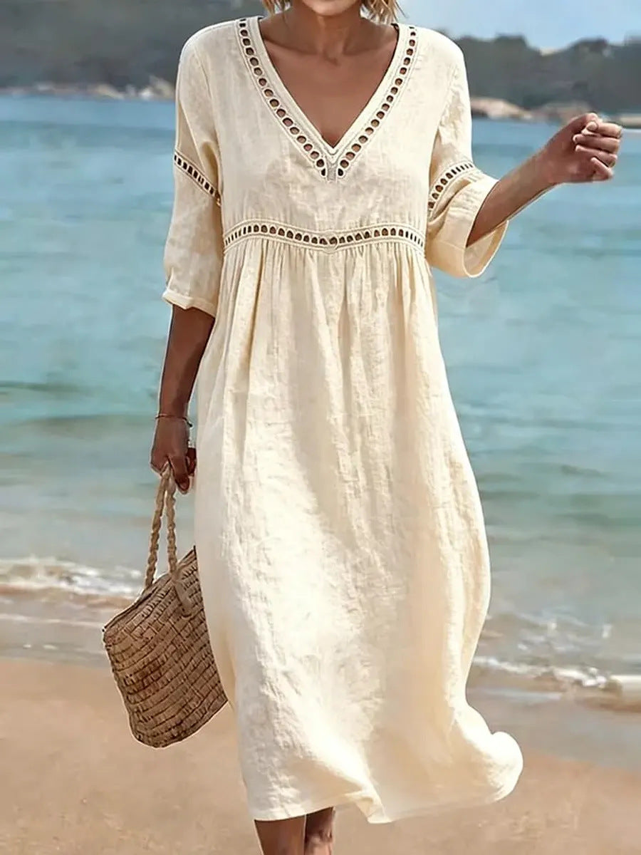 Women's Linen‑Blend Eyelet Trim V‑Neck Midi Dress