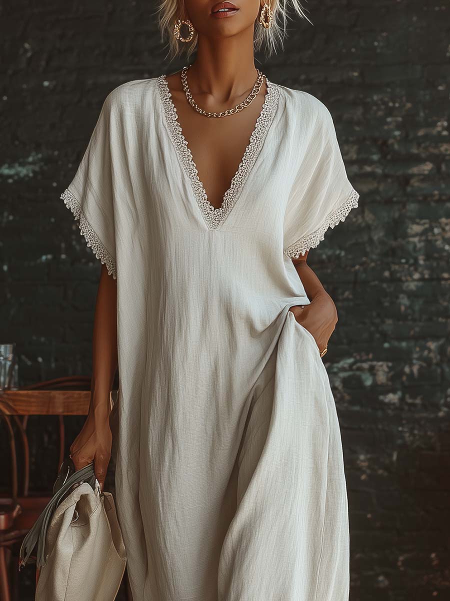 Casual Bohemian Urban V-neck Short-sleeved Lace Trim White Cotton Maxi Dress