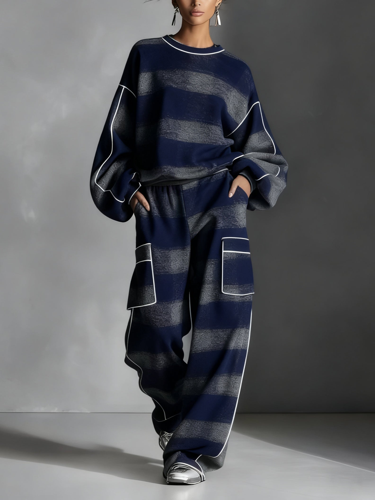 Red and Gray Plaid Color-blocked Sweatshirt and Casual Pants Two-piece set